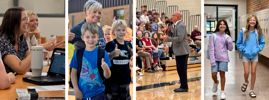 Collage of Back to School pictures, from left to right, two women, brunette and blonde smiling, two young male students with female teacher giving thumbs up, male in suit addressing crowd in gymnasium, two female students walking in hallway.